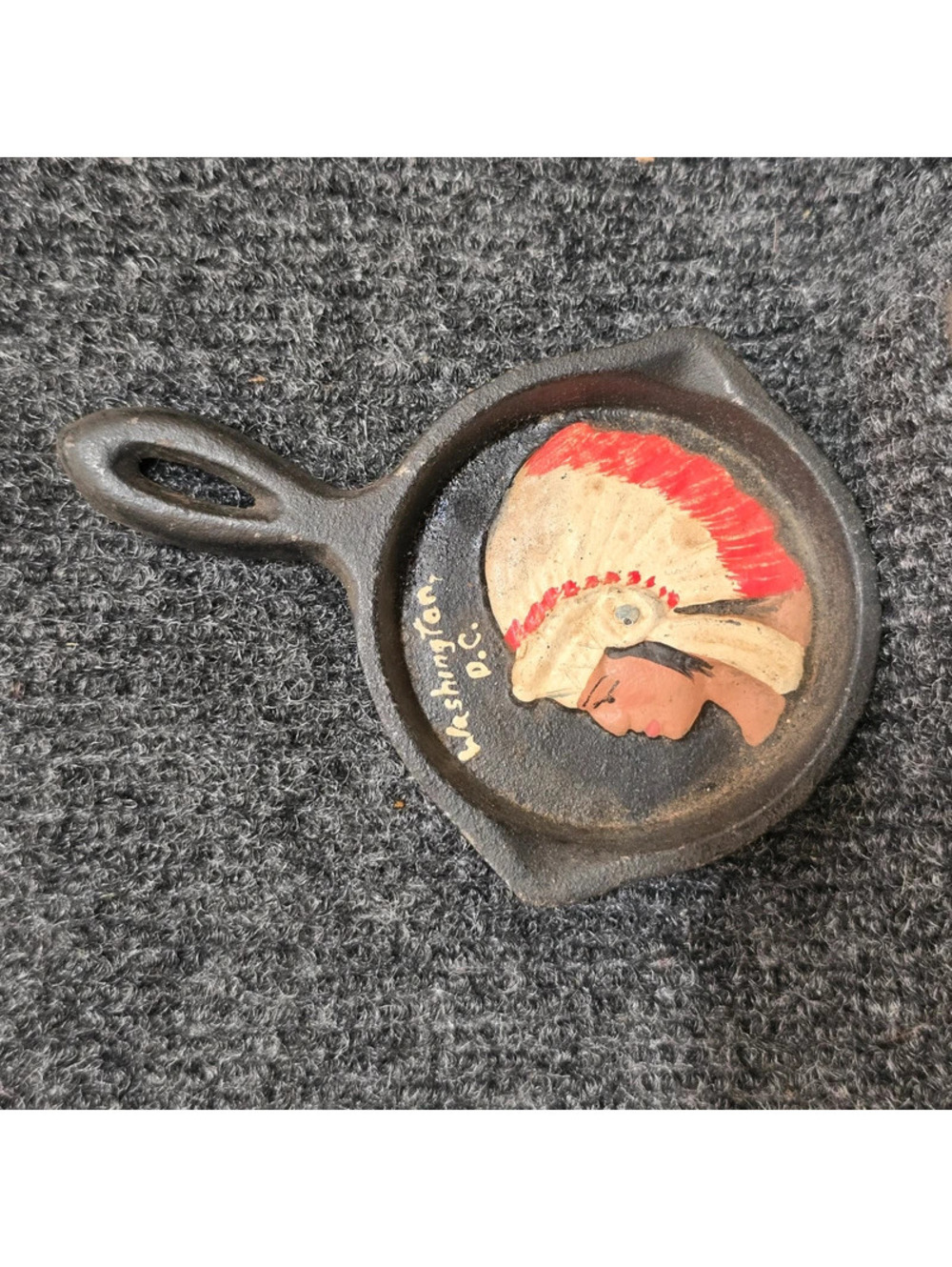 Vintage Cast Iron Mini Skillet Washington DC Native American Painted 3” Souvenir